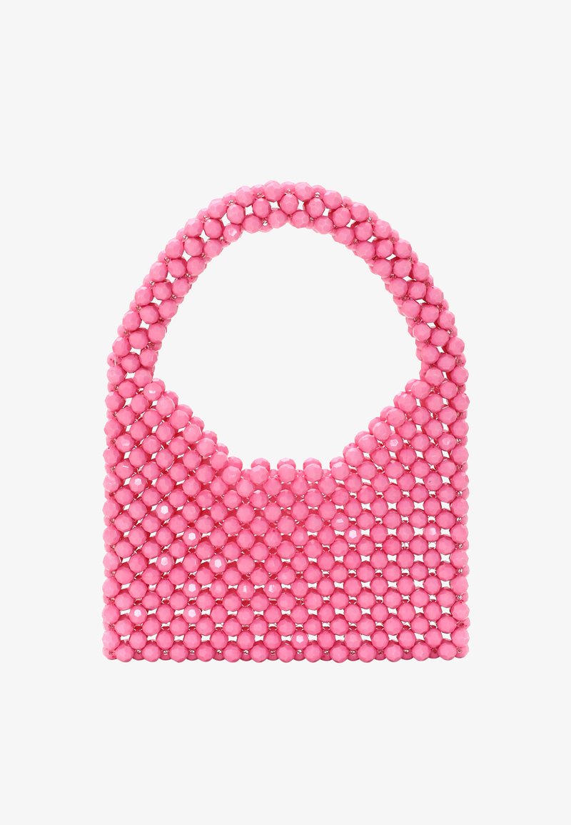 Rózsaszín kézitáska fényes gyöngyökből, lekerekített fogantyúval és nyitott tetejével. Texturált felület rácsos gyöngy elrendezéssel.