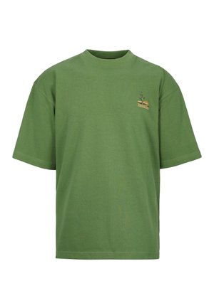 Green short-sleeve T-shirt with a small plant and sun graphic above "Sundown Fields" text on the left chest.
