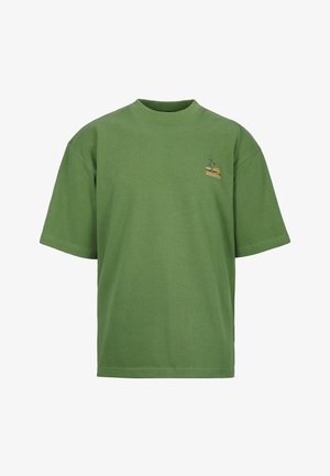Green short-sleeve T-shirt with a small plant and sun graphic above "Sundown Fields" text on the left chest.