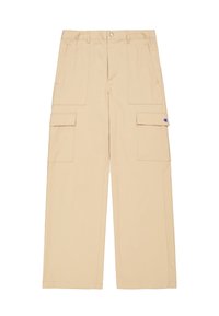 Beige cargo-broeken met wijde pijpen, gemaakt van lichtgewicht stof. Voorzien van meerdere zakken en een klein logo-patch aan de voorkant.