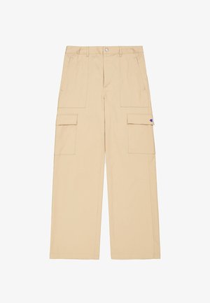 Beige Cargo-Hosen mit weitem Bein, aus leichtem Material. Verfügt über mehrere Taschen und ein kleines Logo-Patch auf der Vorderseite.