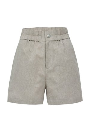 Shorts beige à taille haute en ribbed avec une ceinture élastique et une fermeture décorative à bouton argenté à l'avant.