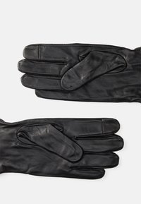 Black leather gloves with a smooth texture, featuring five finger compartments and a snug fit. Simple design with no additional accents.