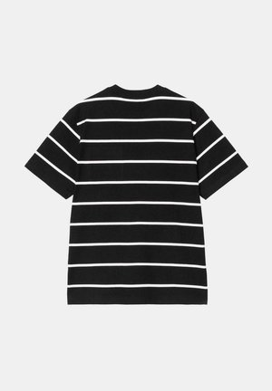 Camiseta negra de manga corta con rayas horizontales blancas. Hecha de algodón, tiene un cuello redondo y un ajuste relajado.