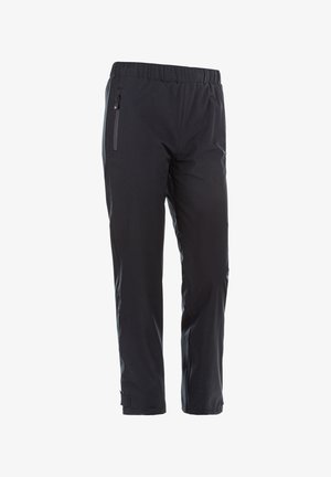 Sorte vandtætte bukser med elastisk talje, sidestiklommer, lige pasform og justerbare manchetter. Glat tekstur.