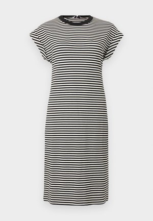 Striped dress in black and white with a round neck, short sleeves, and a fitted silhouette, made from ribbed fabric.