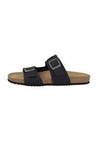 Sandalo nero a due fascette con fibbie in metallo, soletta in sughero e suola in gomma testurizzata. Il materiale superiore liscio offre durata e comfort.