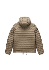 Beige pufferjakke med hætte, der har kviltet tekstur, elastiske manchetter og justerbar snor i kanten, designet til varme og komfort.