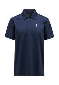 Marineblauwe polo gemaakt van gladde stof. Heeft een klassieke kraag, drie knopen en een klein wit logo op de borst. Korte mouwen.