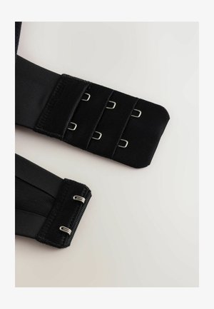 Curele din țesătură neagră cu cârlige și bucle metalice, având o textură netedă și o secțiune din plasă, concepute pentru prindere ajustabilă.