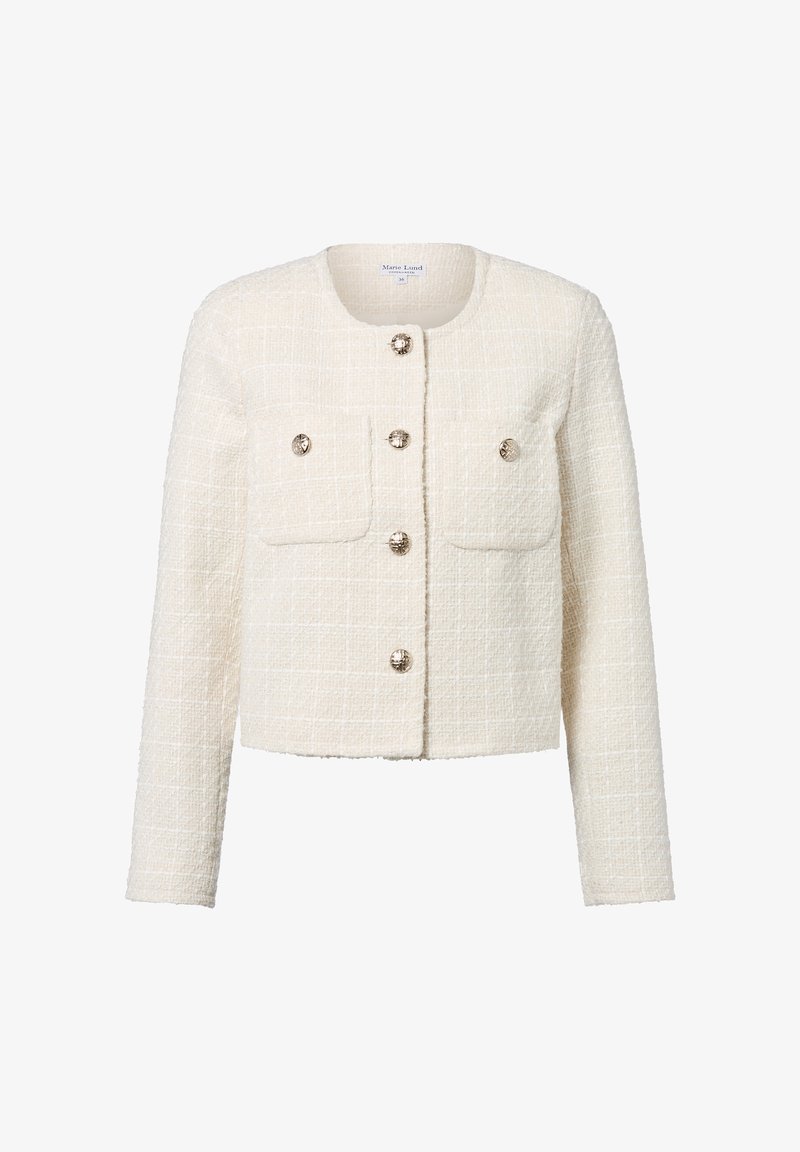 Biała marynarka z tweedu o pudełkowym fasonie, z czterema przednimi kieszeniami i metalowymi guzikami. Teksturowana tkanina z wzorem siatki. Długie rękawy.