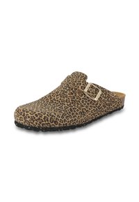 Leopard print mule with a soft upper, featuring a decorative buckle. The cushioned footbed and textured rubber sole provide comfort and grip.