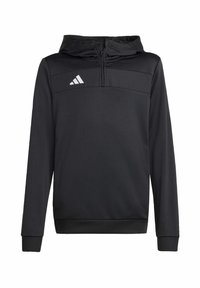 Felpa nera con zip realizzata in tessuto morbido, dotata di tasca a marsupio, polsini a coste e un logo Adidas bianco sul petto.