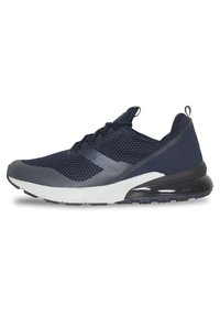 Navy athletic shoe with mesh and synthetic upper, cushioned sole, textured accents, and padded ankle support. Features a pull tab at the heel.