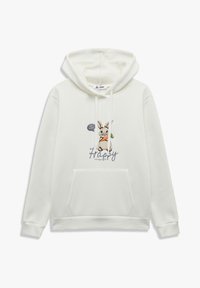 Witte hoodie met een voorzak, waarop een cartoonkonijn met een wortel staat afgebeeld, en de tekst "Gelukkig" en "eet vers" in een spraakwolk.