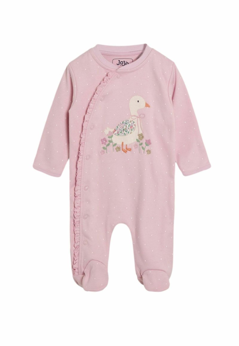Tutina rosa con grafiche di anatra e accenti floreali, realizzata in tessuto morbido. Caratterizzata da un design con bottoni e rifiniture arricciate lungo il lato.