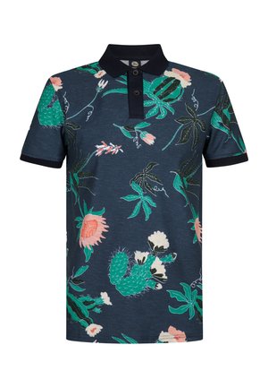 Laivastonsininen poolopaita, jossa on kaktus- ja kukkakuosi, lyhyet hihat ja musta kaulus. Valmistettu teksturoidusta kankaasta. Napillinen rintalista.