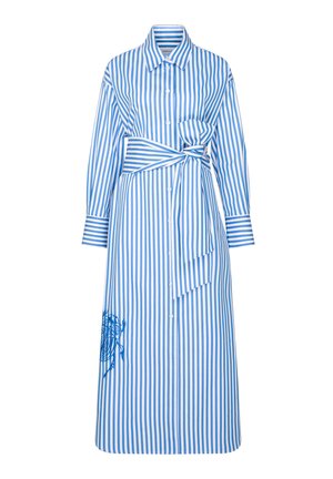 Abito a righe in cotone blu e bianco, con chiusura a bottoni frontale, colletto, maniche lunghe, vita con cintura e un motivo ricamato sull'orlo.
