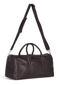 Braune Leder-Duffle-Tasche mit glatter Textur, doppelten Obergriffen und einem abnehmbaren Schultergurt. Verfügt über silberfarbene Hardware-Akzente.