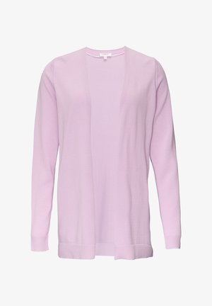 Light purple cardigan, open front design, long sleeves, ribbed cuffs and hem, textured fabric. Simple, classic silhouette.