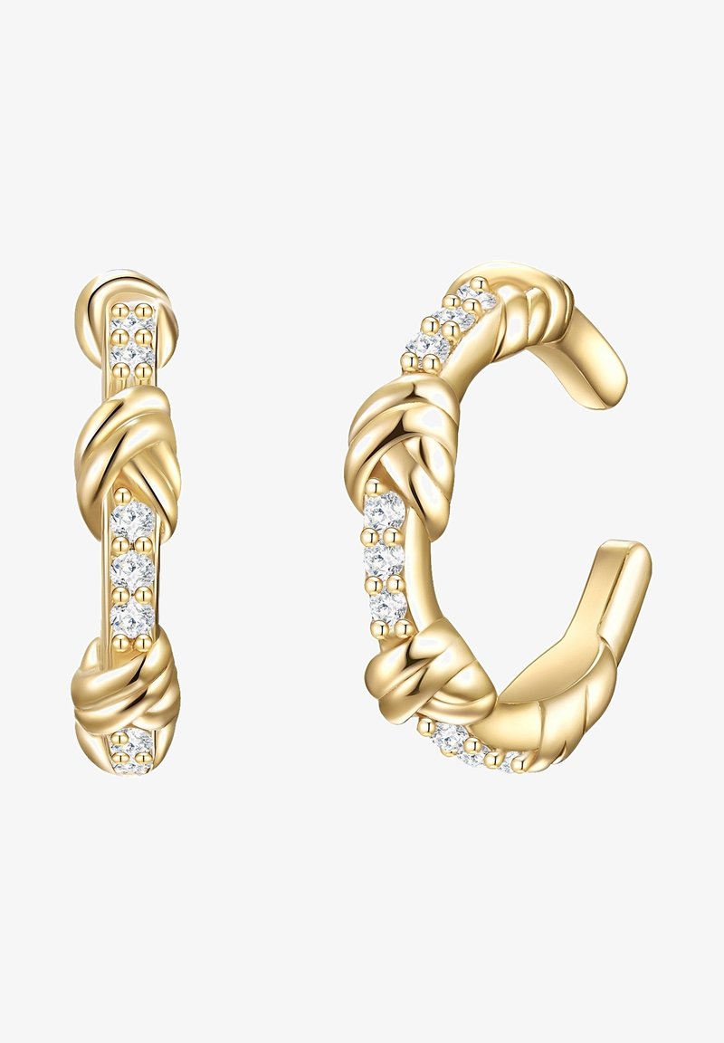 Zelta toņa auskari ar savītu dizainu, kas rotāti ar caurspīdīgām kristālu iestrādēm vienā pusē, izceļot gludu, pulētu virsmu.