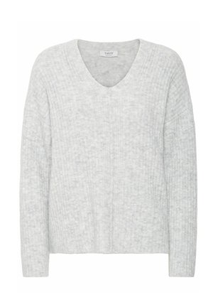 Světle šedý svetr s výstřihem do V, s vroubkovanou texturou, dlouhými rukávy a uvolněným střihem. Vyrobeno z měkké, pohodlné tkaniny.