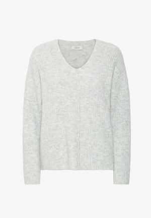 Hellgrauer V-Ausschnitt-Pullover mit geripptem Muster, langen Ärmeln und lockerem Schnitt. Aus einem weichen, gemütlichen Stoff gefertigt.