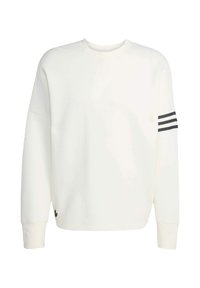Sweatshirt blanc avec un col ras du cou, des épaules tombantes et trois bandes noires sur la manche gauche. Texture douce,Ourlets à manches cigare et détail de logo.