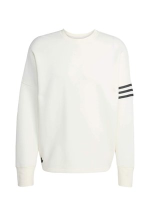 Weißes Sweatshirt mit Rundhalsausschnitt, überschnittenen Schultern und drei schwarzen Streifen auf dem linken Ärmel. Weicher Stoff, gerippte Abschlüsse und Logodetail.