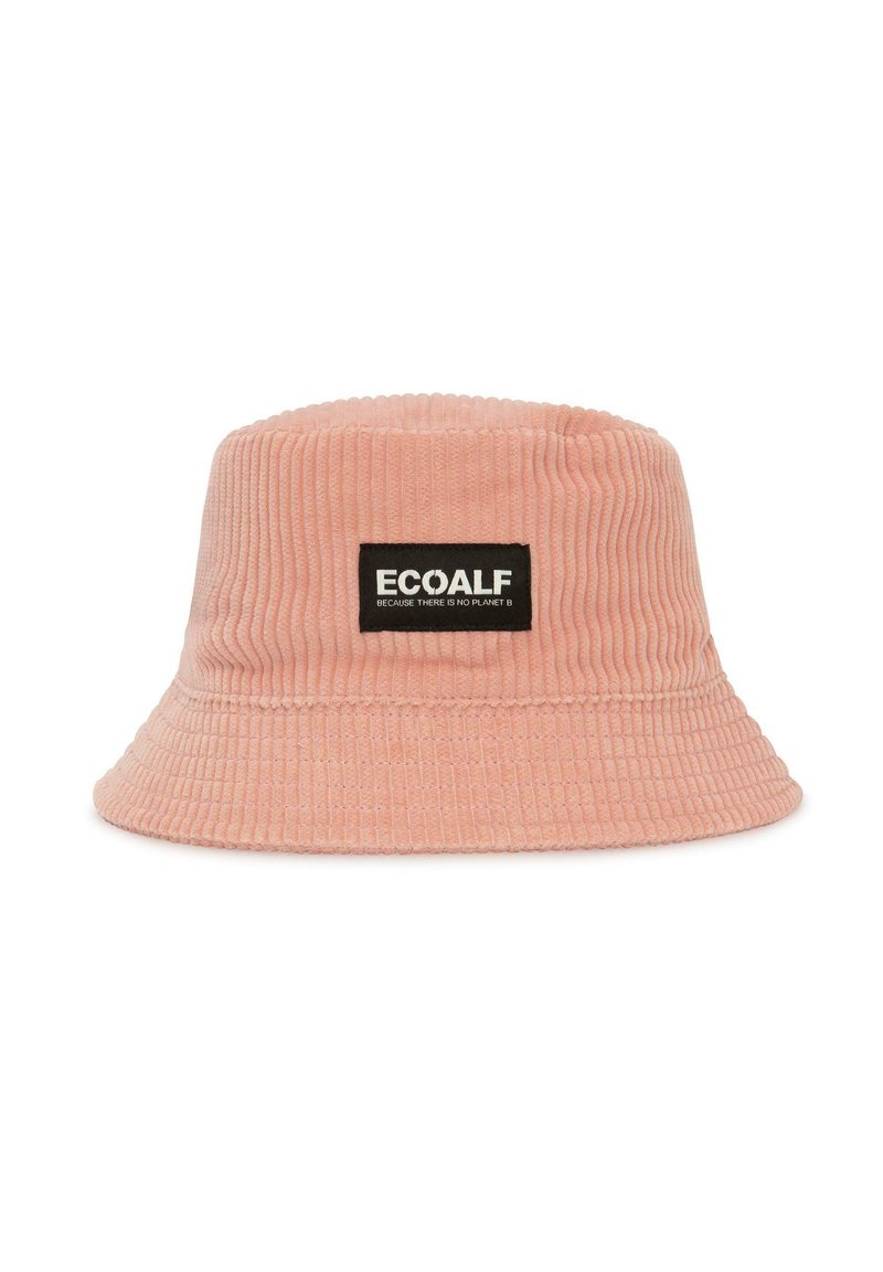 Rosa gerippte Bucket Hat mit einem schwarzen rechteckigen Patch auf der Vorderseite, auf dem steht "ECOALF WEIL ES KEINEN PLANETEN B GIBT".