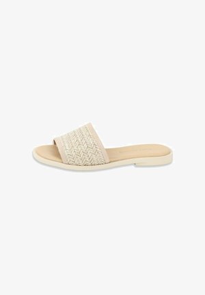 Beige Slide-Sandale mit gewebtem Riemen und flacher Sohle, entworfen für den lässigen Gebrauch.