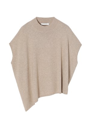 Beige short-sleeve top made from soft, textured fabric. Features a high neckline and an asymmetrical hemline for a modern silhouette.