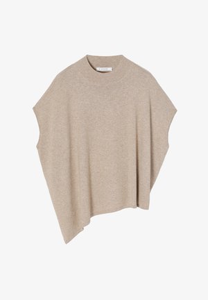 Haut à manches courtes beige fabriqué dans un tissu doux et texturé. Il présente un col haut et un ourlet asymétrique pour une silhouette moderne.