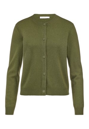 Cardigan verde olivastro realizzato in morbido tessuto a maglia, con scollo rotondo, maniche lunghe e sei bottoni abbinati lungo la parte anteriore.