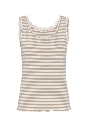 Top fără mâneci cu dungi orizontale crem și bej, cu margini ondulate la decolteu, la axile și la tiv.