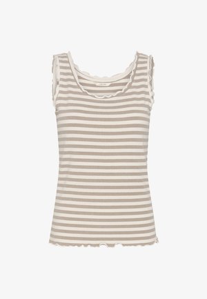 Bezrękawnik prążkowany z kremowo-beżowymi poziomymi paskami oraz falistymi wykończeniami na dekolcie, pachach i dole.