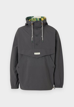 Sötétszürke pulóverdzseki gombos elejjel, állítható kapucnival, húzózsinórokkal, elasztikus mandzsettákkal és első zsebbel, látható Columbia márkajelzéssel.