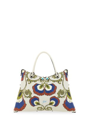 Borsa bianca con motivo colorato di farfalla e fiori nei toni del blu, rosso, verde e oliva, con due manici e chiusura con zip.
