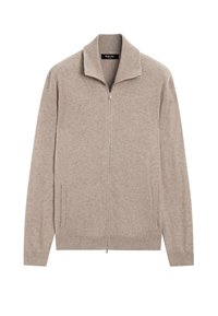 Cardigan beige zippé avec col montant, manches longues, poignets et ourlet côtelés, et deux poches avant.