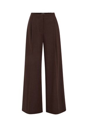 Højtaljede bukser med vide ben i mørkebrunt stof med frontlynlås og flad taljebånd på hvidt baggrund.