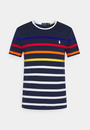 Navy short-sleeve t-shirt with horizontal stripes in blue, red, orange, yellow, and white, featuring a small white embroidered logo on the chest.
