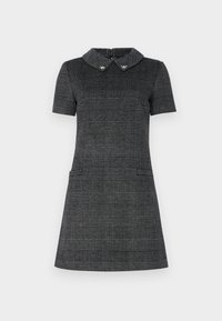 Kortärmad klänning i svart och grått rutmönster, med krage, två framfickor och dekorativa knappar vid kragen.