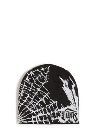 Beanie nera con motivo di ragnatela bianca, logo e testo. Tessuto a maglia con una texture morbida, che presenta una forma aderente.