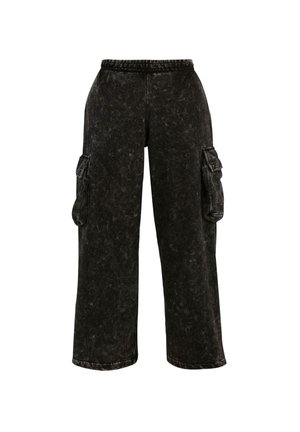 Black cargo pants with a textured finish, elastic waistband, and side pockets. Features wide legs and a relaxed fit.