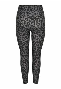 Legíny s vysokým pasem v šedém a černém leopardím vzoru, celková délka, přiléhavý střih.