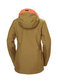 Chaqueta impermeable marrón con un acabado texturizado, acentos naranjas en la capucha y logo de HH. Presenta un diseño ajustado y capucha ajustable.