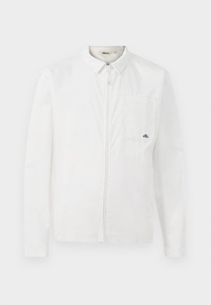 Casaco branco de manga longa com fecho de correr na frente, colarinho, bolsa no peito com um pequeno logótipo e um design limpo e minimalista.