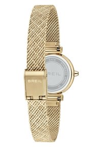 Guld rustfrit stål mesh ur med et rundt urskive, som har en poleret guldlås og et minimalistic design. Indgraveret "BREIL" logo på låsen.