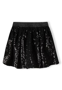 Zwarte paillettenrok met een gestructureerde tailleband. Heeft een uitlopende design en glinsterende pailletten over de stof voor extra visueel belang.