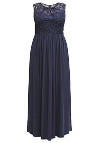 Navy blue maxi-mekko ilman hihoja. Yläosa on koristeltu säihkeillä pitsi- ja paljettiyksityiskohdilla, ja hame on valmistettu sileästä, virtaavasta kankaasta.